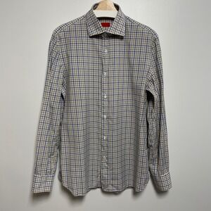Isaia Mens Italy Plaid Dress Shirt Cotton Long Sleeve Button Down Size L